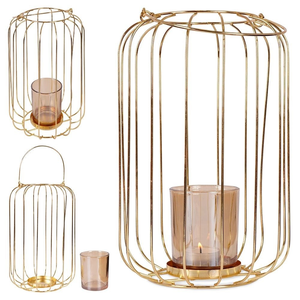 Elegant gold lantern for candle or tealight, metal and glass