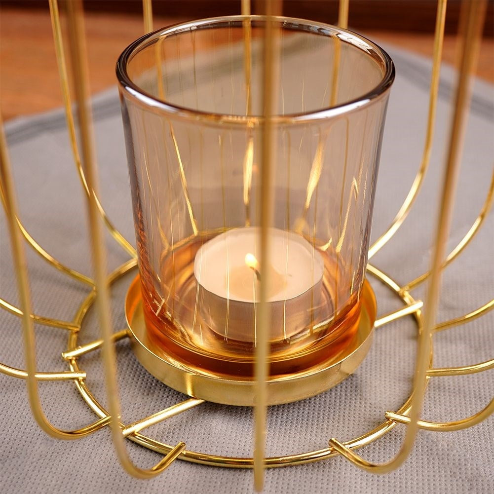 Elegant gold lantern for candle or tealight, metal and glass