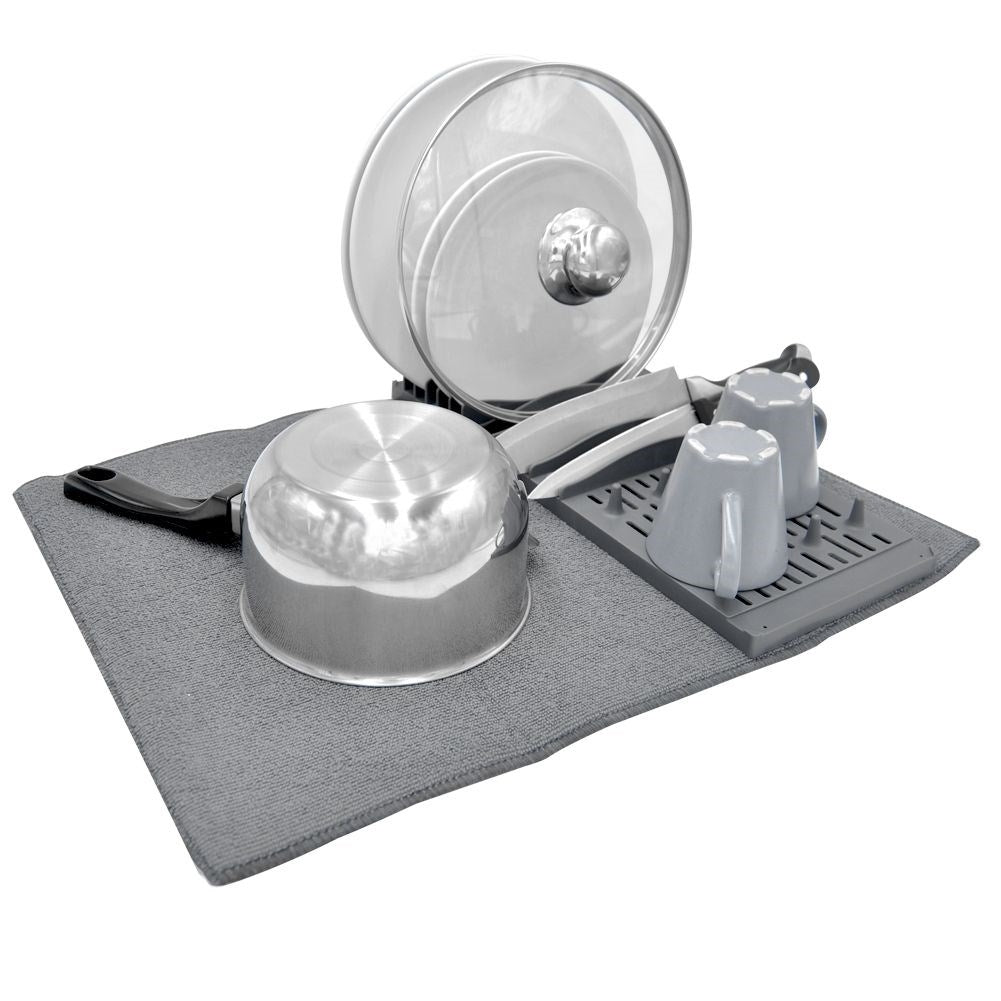 Elegant gray dish rack with microfiber drying mat