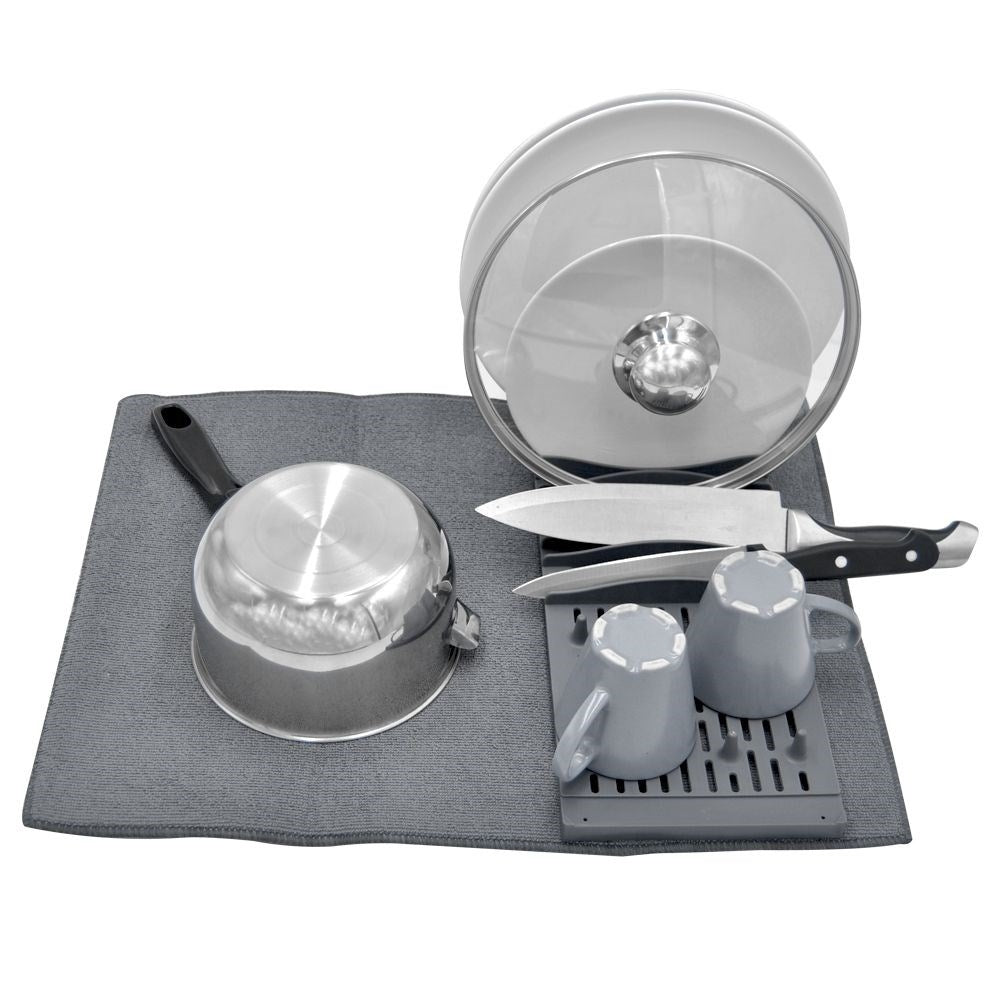 Elegant gray dish rack with microfiber drying mat
