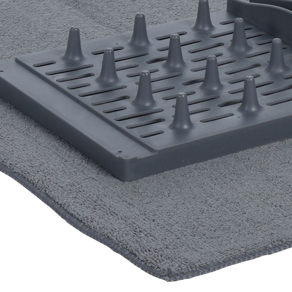 Elegant gray dish rack with microfiber drying mat