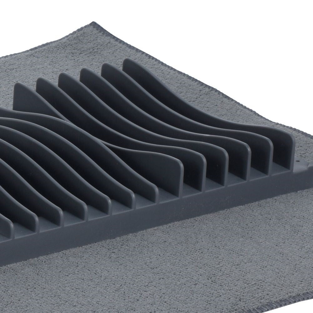 Elegant gray dish rack with microfiber drying mat