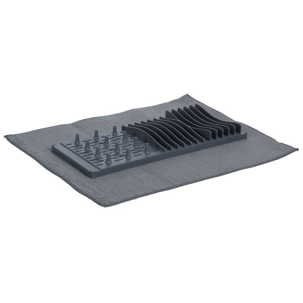 Elegant gray dish rack with microfiber drying mat