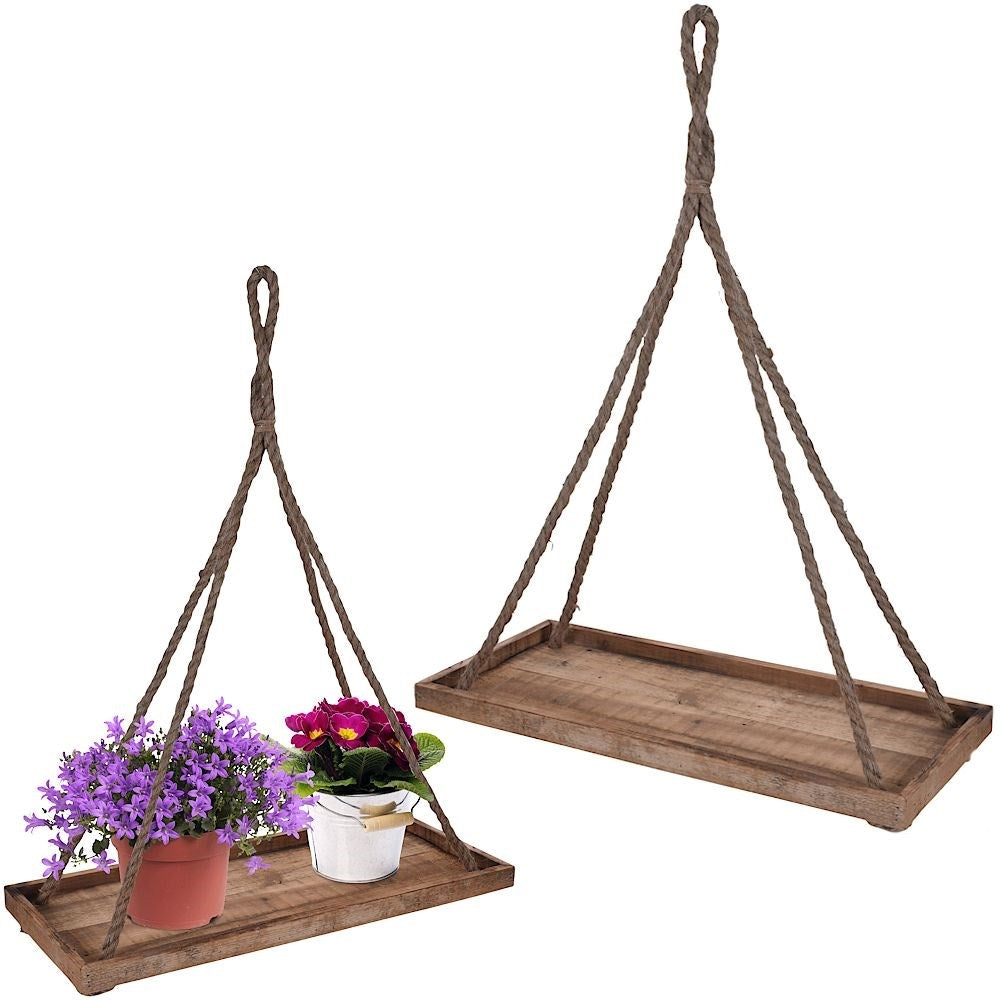 Elegant hanging flower pot in recycled wood with sturdy rope