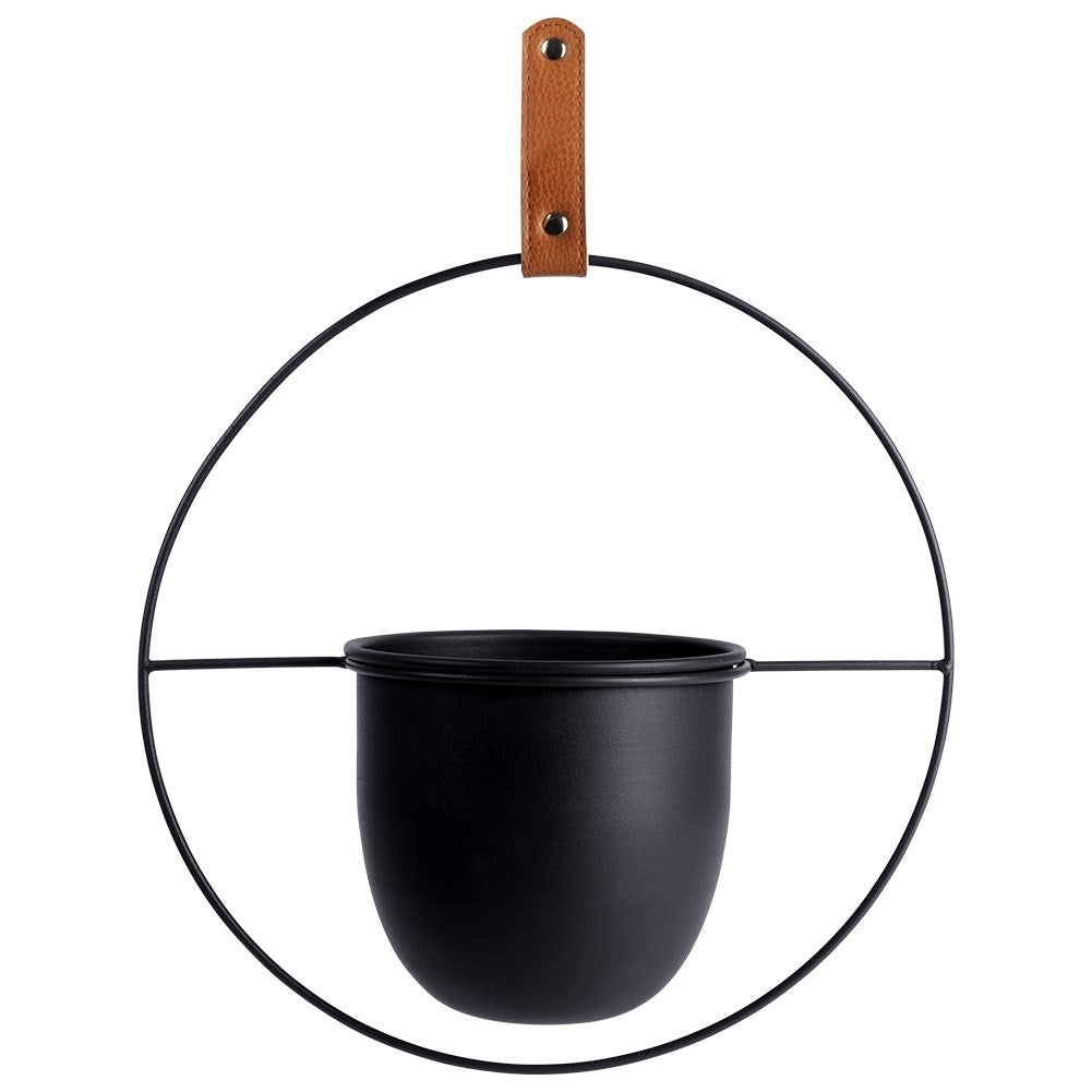 Elegant hanging pot in black metal with leather strap for indoors