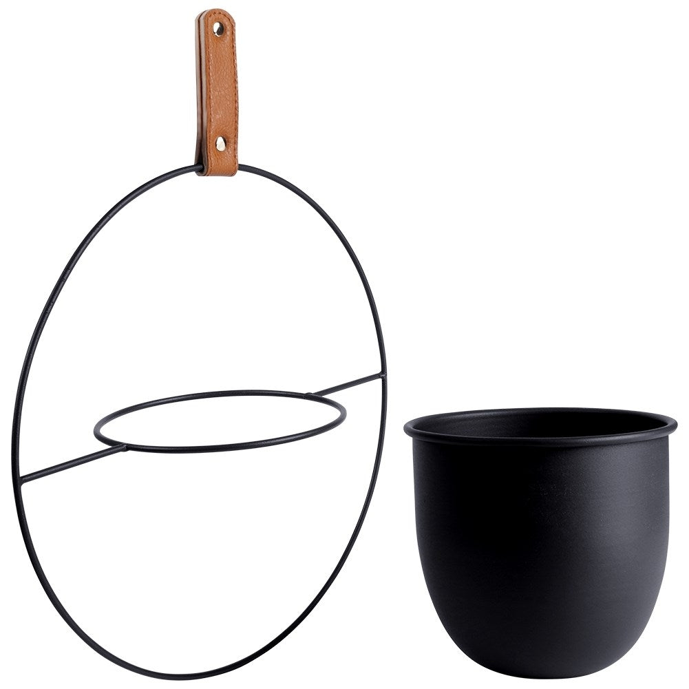 Elegant hanging pot in black metal with leather strap for indoors