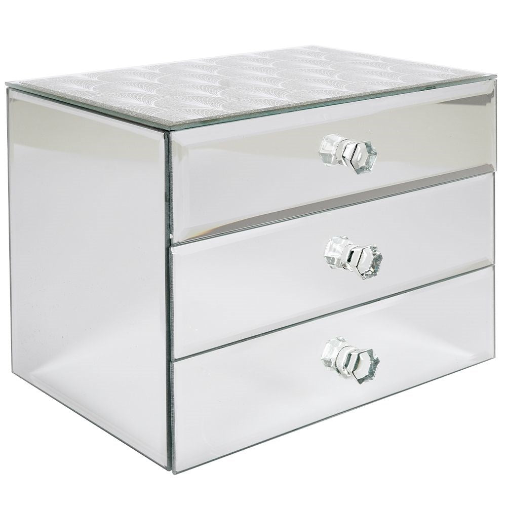 Elegant jewelry box with three drawers and crystal handle