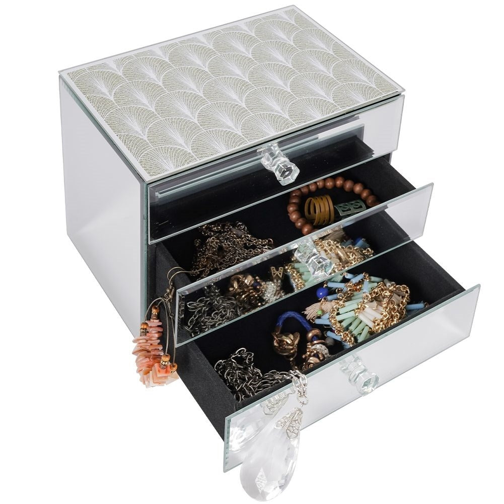 Elegant jewelry box with three drawers and crystal handle