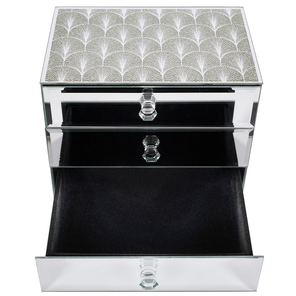 Elegant jewelry box with three drawers and crystal handle