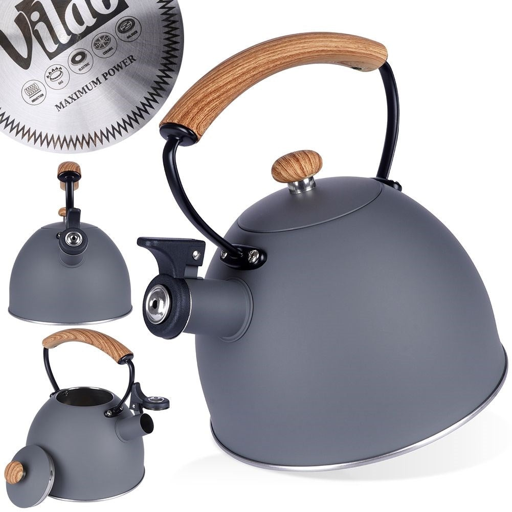 Elegant kettle in matt gray with wooden design handle