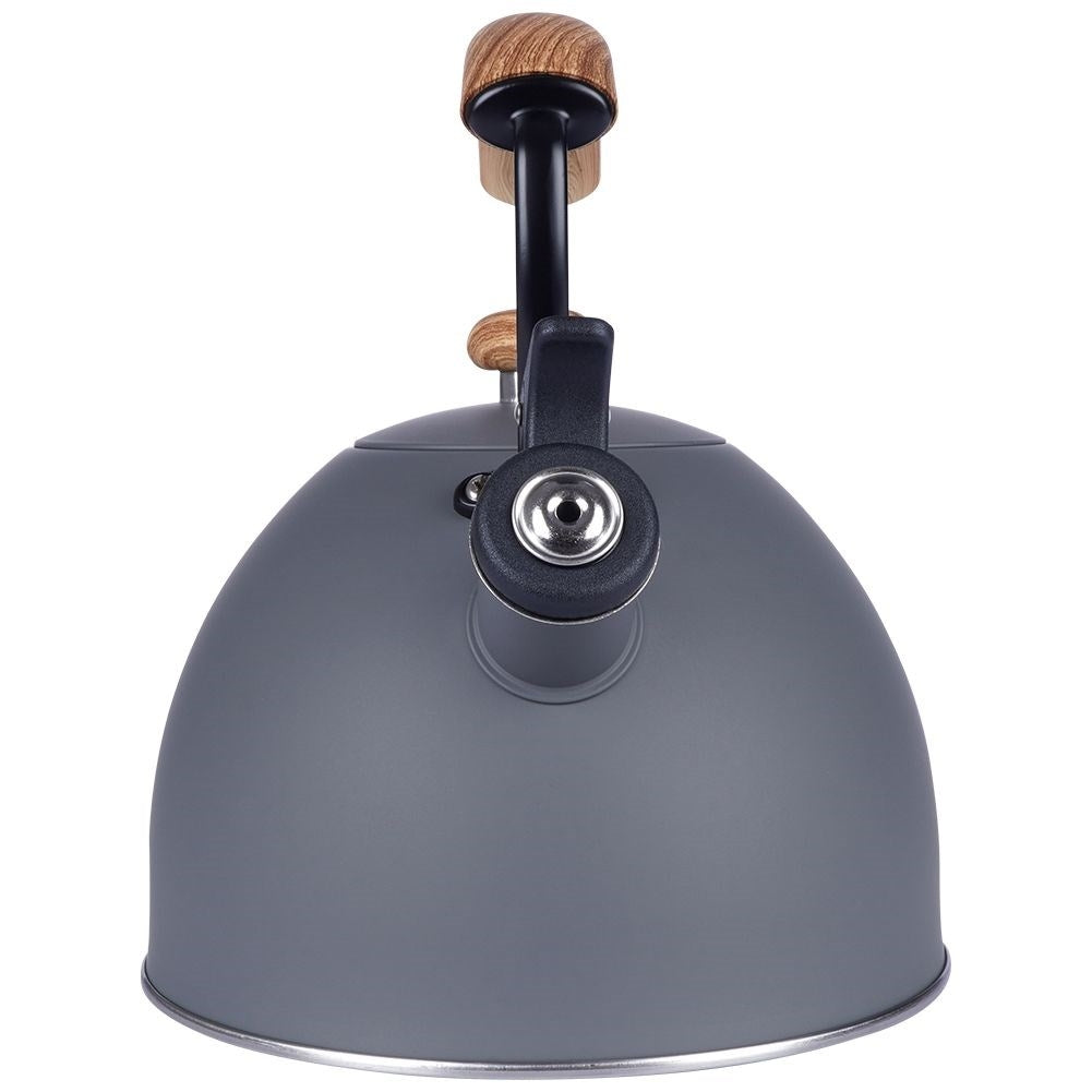 Elegant kettle in matt gray with wooden design handle