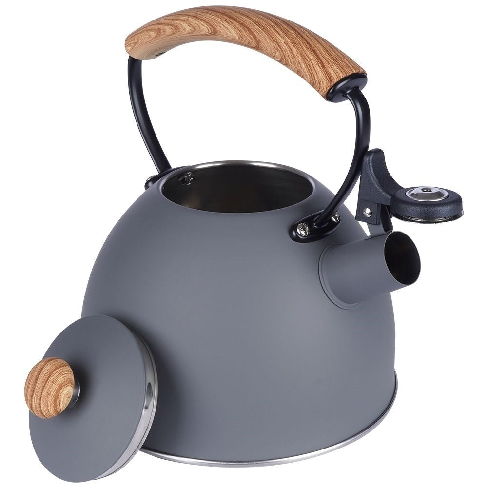 Elegant kettle in matt gray with wooden design handle