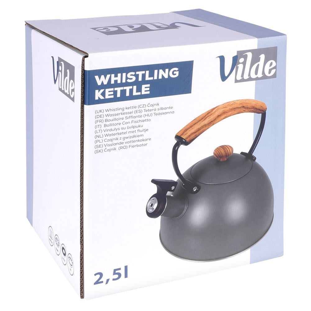 Elegant kettle in matt gray with wooden design handle