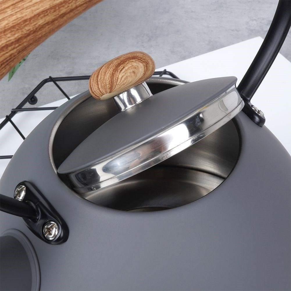 Elegant kettle in matt gray with wooden design handle