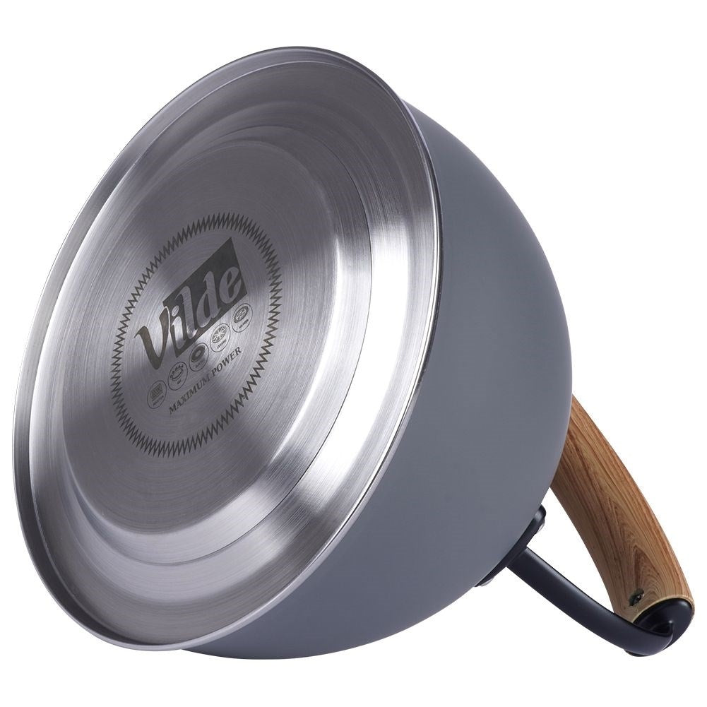 Elegant kettle in matt gray with wooden design handle