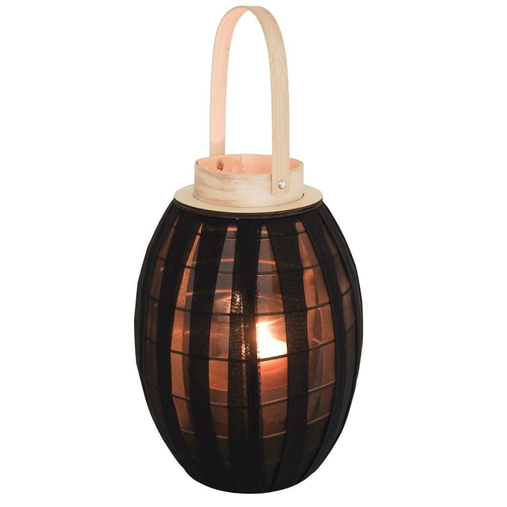 Elegant lantern on wooden stand with glass insert and handle