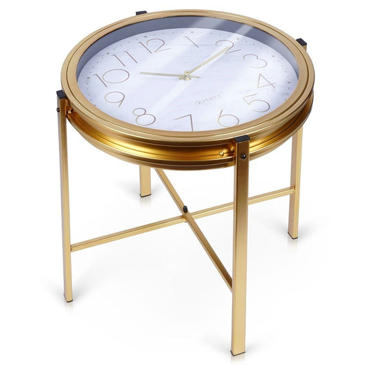 Elegant metal coffee table with built-in clock and golden finish