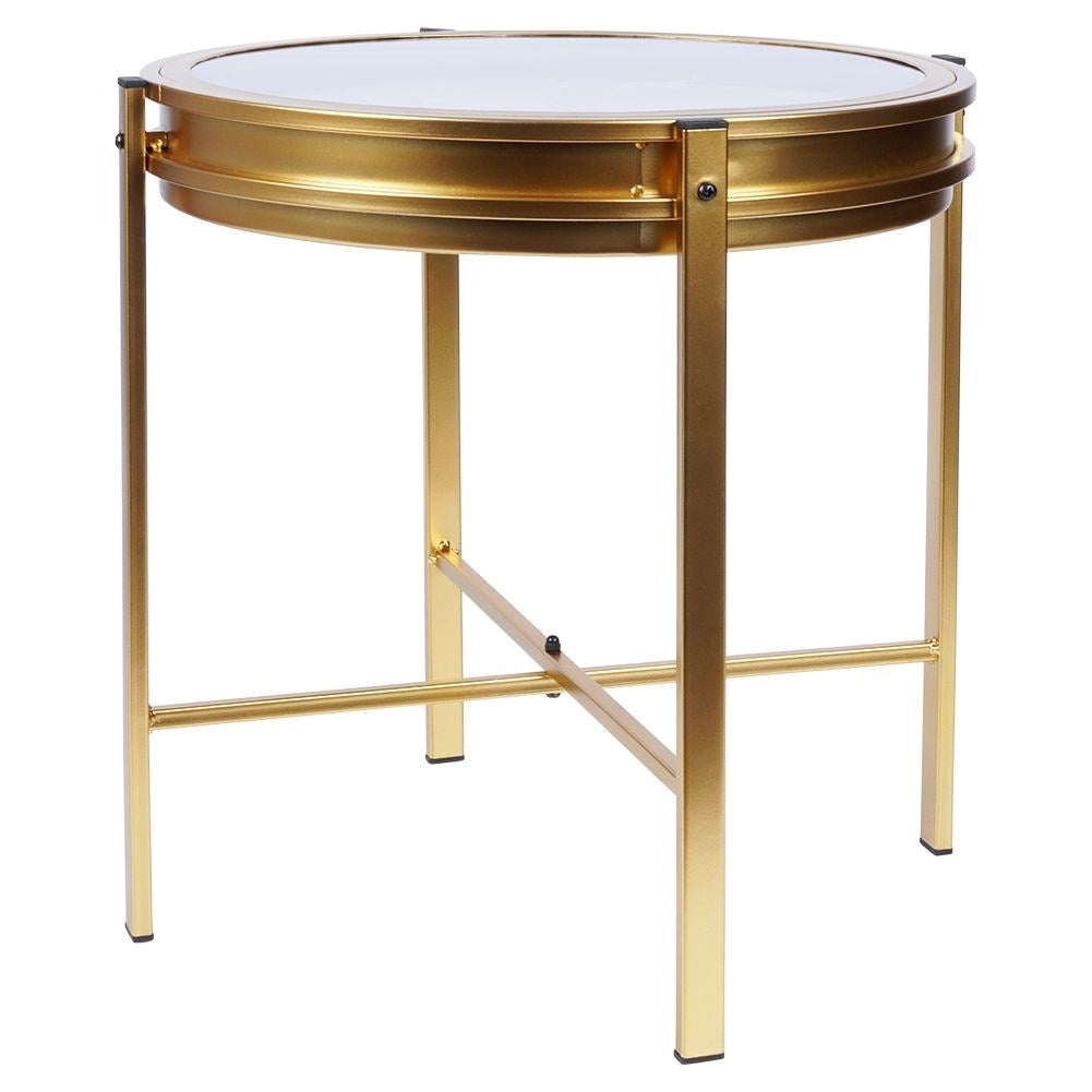 Elegant metal coffee table with built-in clock and golden finish