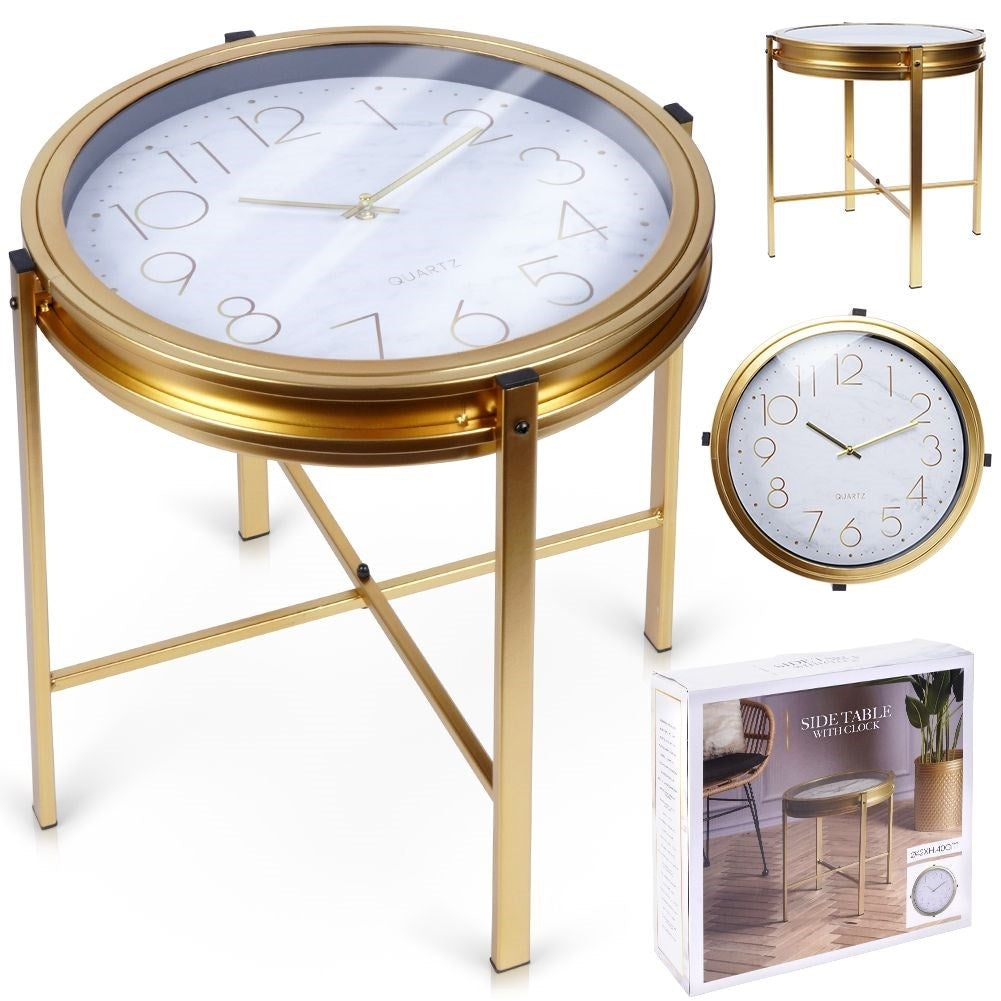 Elegant metal coffee table with built-in clock and golden finish