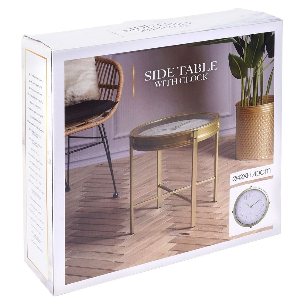 Elegant metal coffee table with built-in clock and golden finish