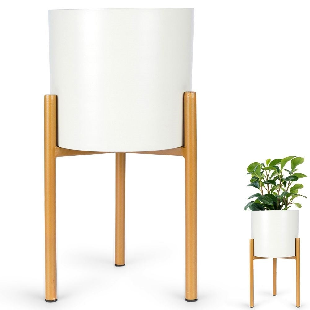 Elegant metal pot on stand in cream and gold