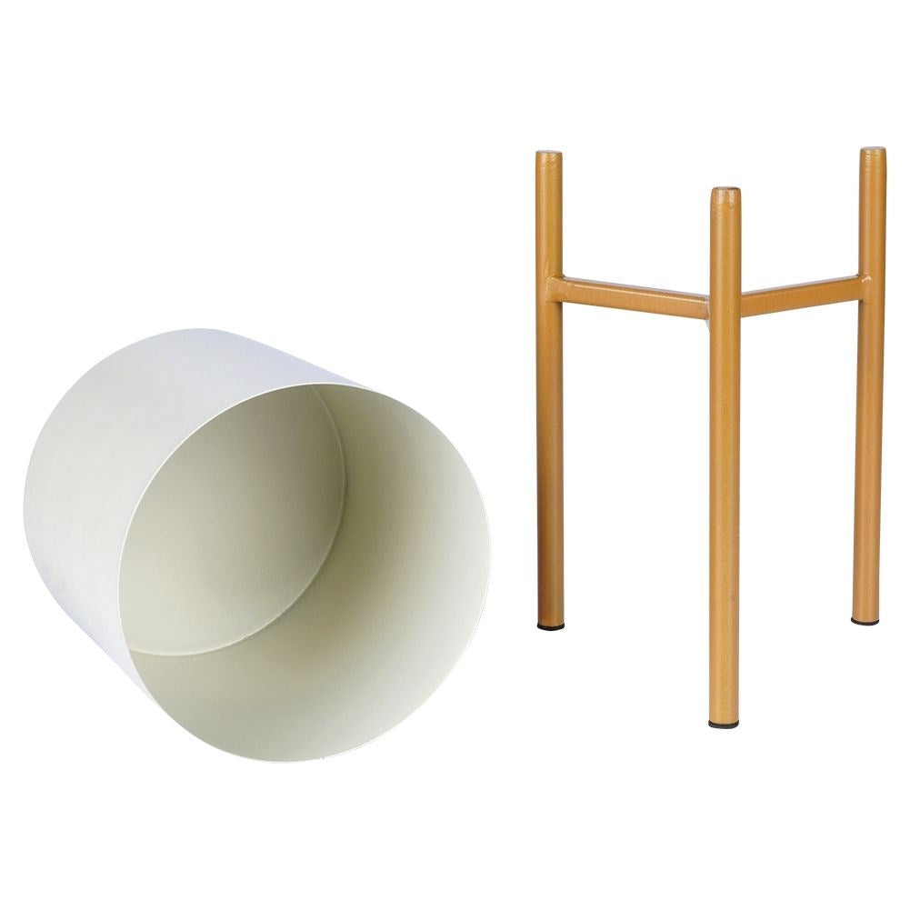 Elegant metal pot on stand in cream and gold