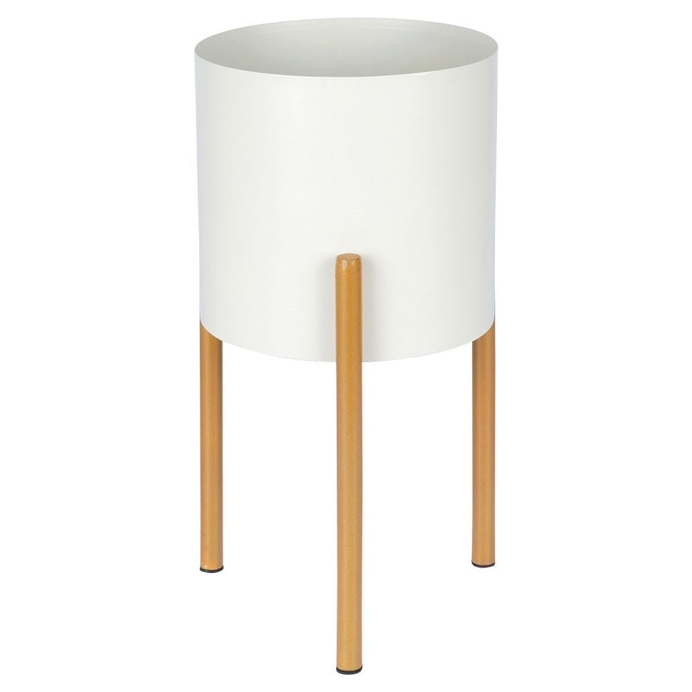 Elegant metal pot on stand in cream and gold