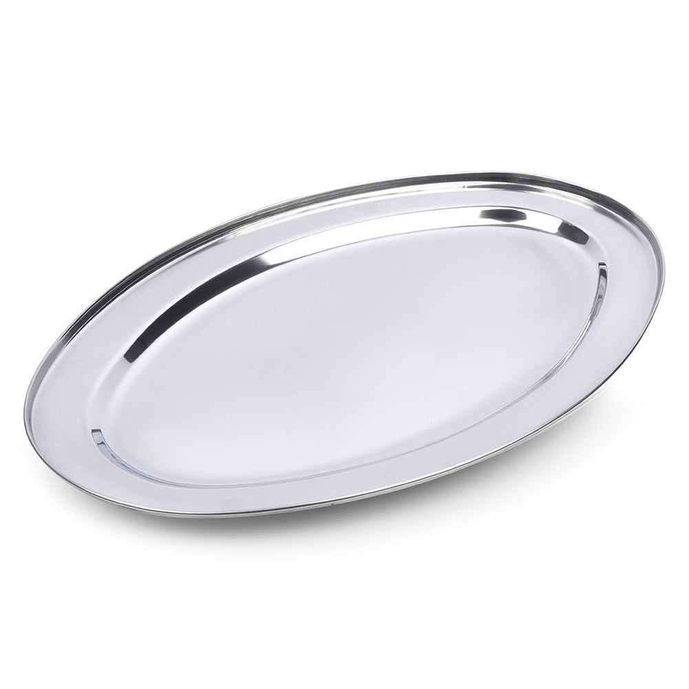 Elegant oval serving tray in highly polished stainless steel