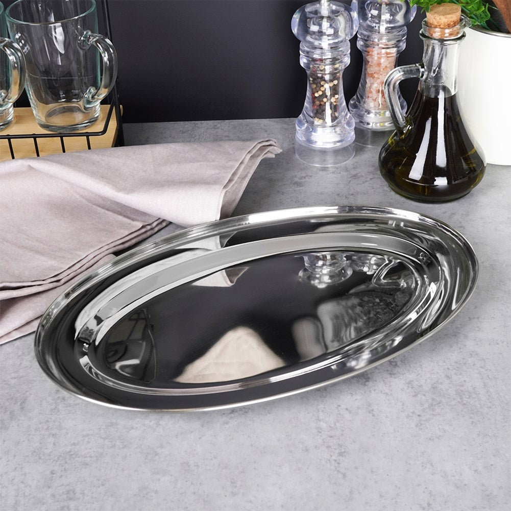 Elegant oval serving tray in highly polished stainless steel