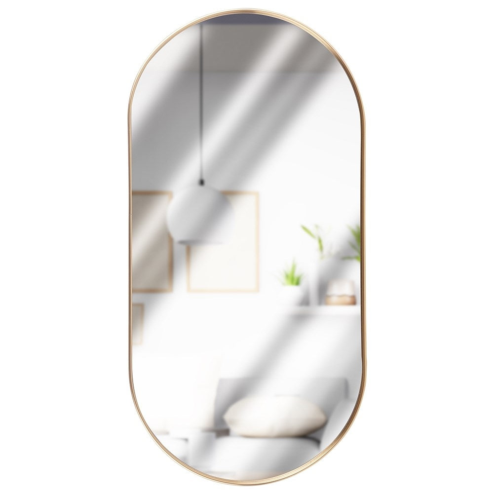 Elegant oval wall mirror with gold metal frame, flexible suspension
