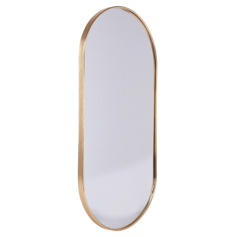 Elegant oval wall mirror with gold metal frame, flexible suspension