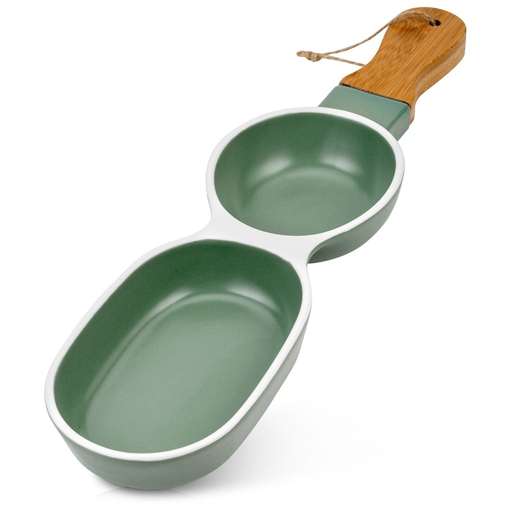 Elegant plate with handle in green porcelain and bamboo wood