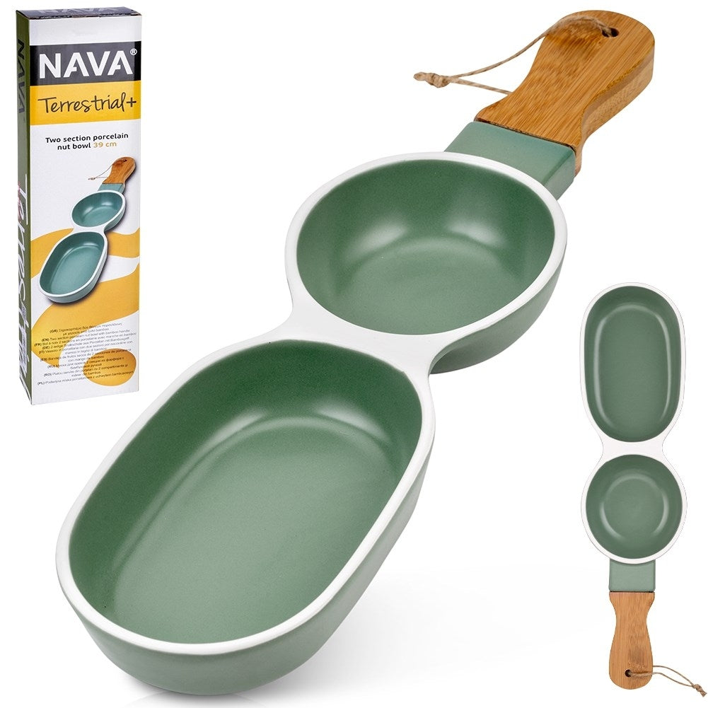 Elegant plate with handle in green porcelain and bamboo wood