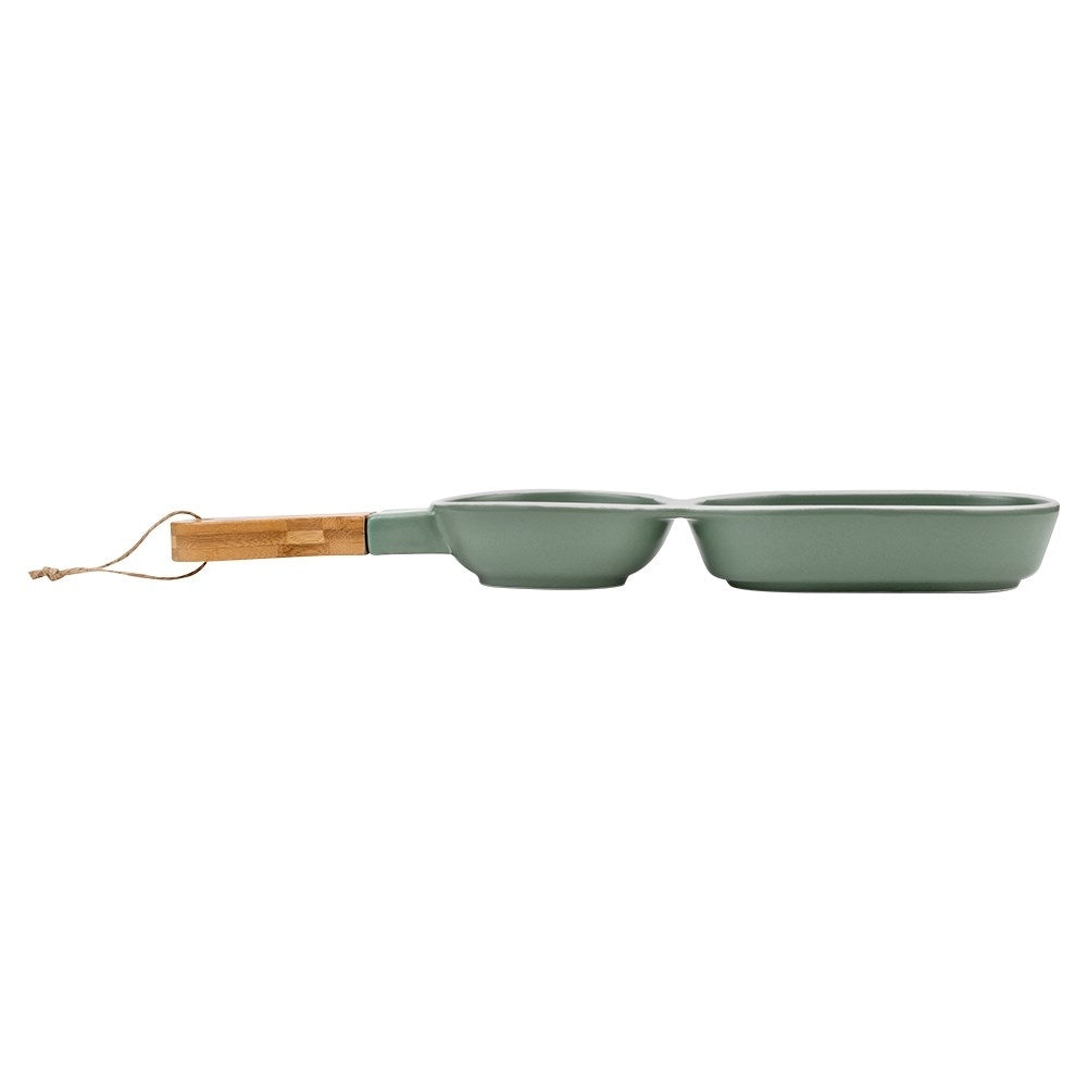 Elegant plate with handle in green porcelain and bamboo wood