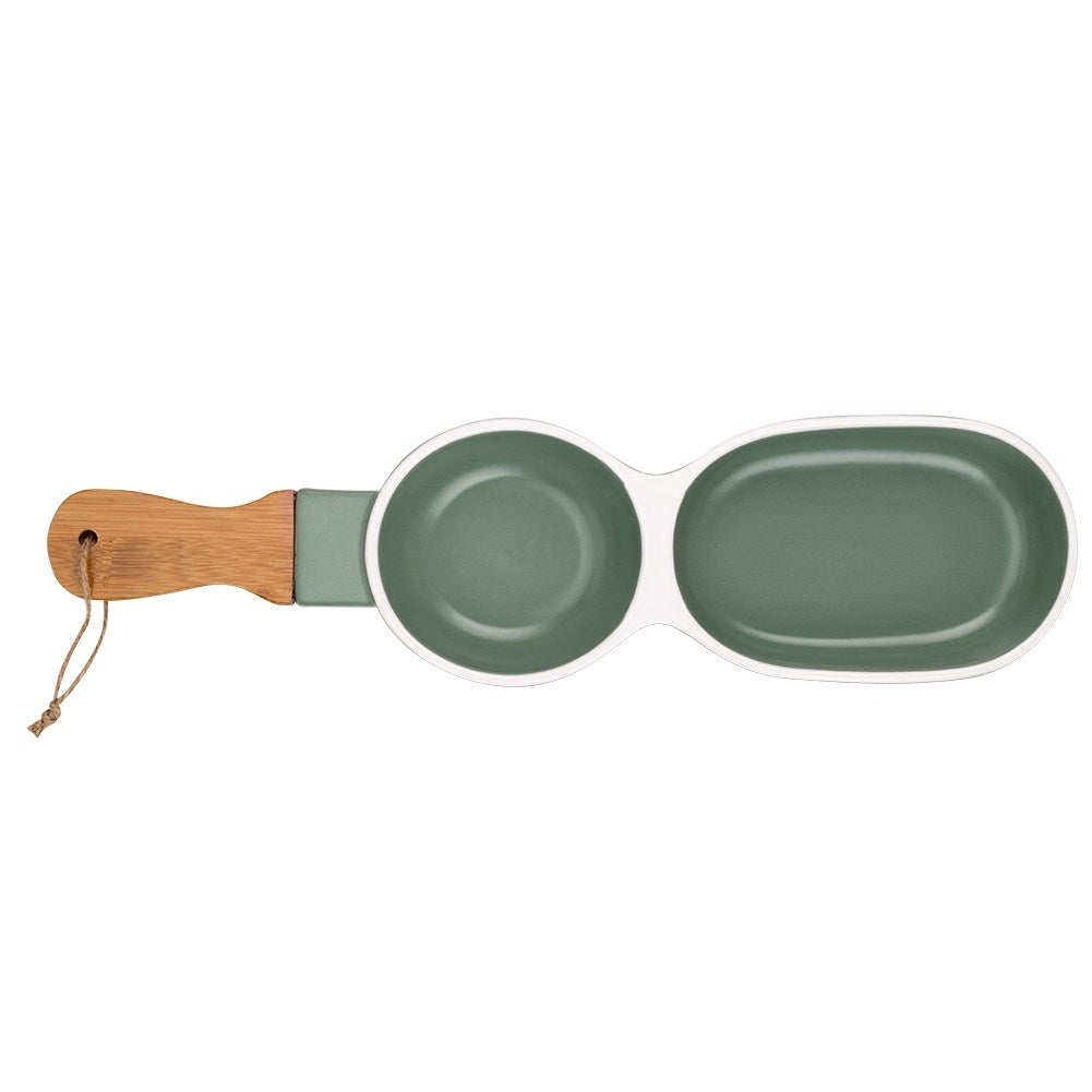 Elegant plate with handle in green porcelain and bamboo wood