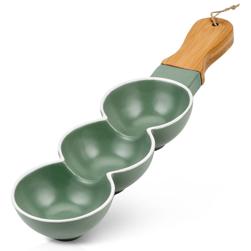 Elegant plate with handle, three sections, green porcelain