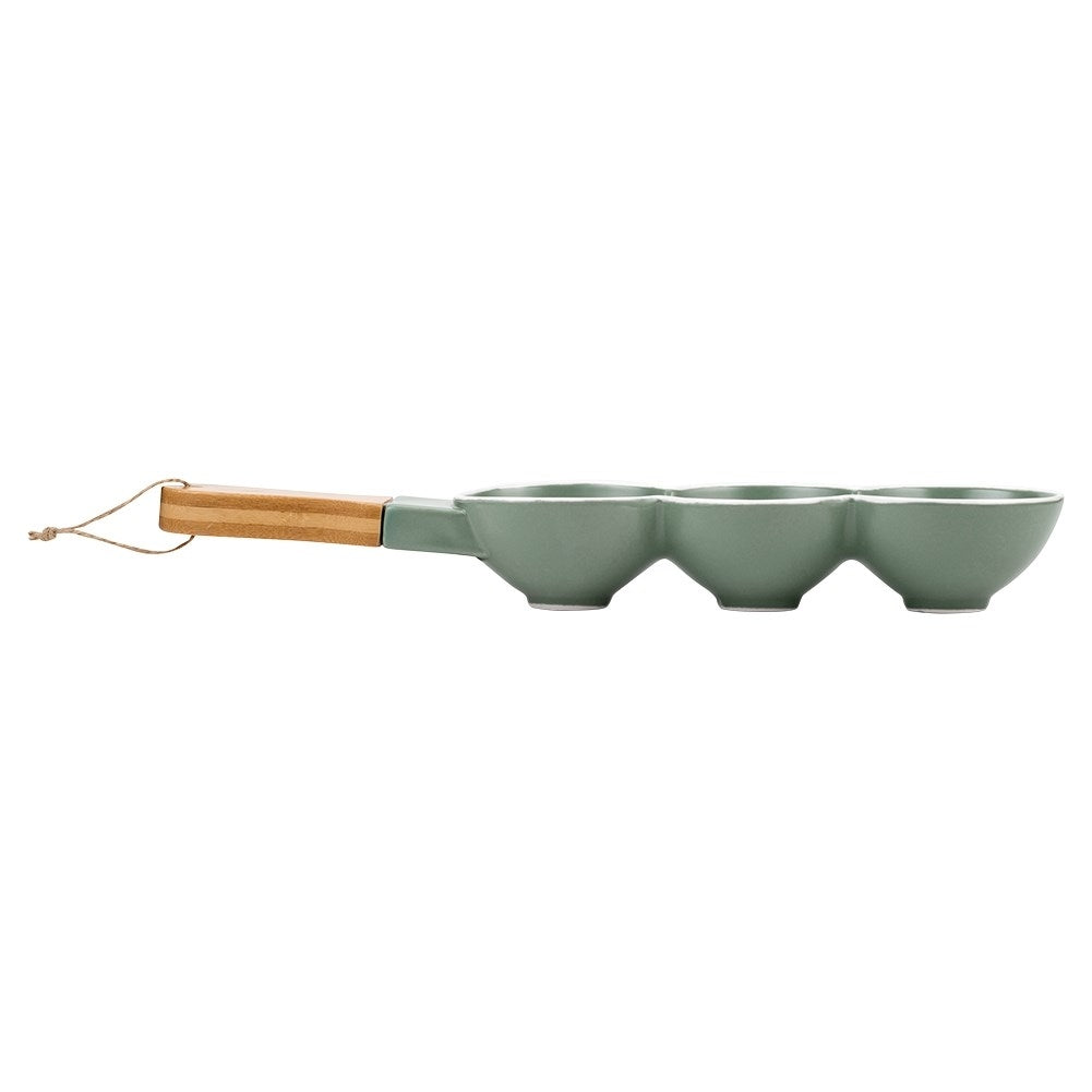 Elegant plate with handle, three sections, green porcelain