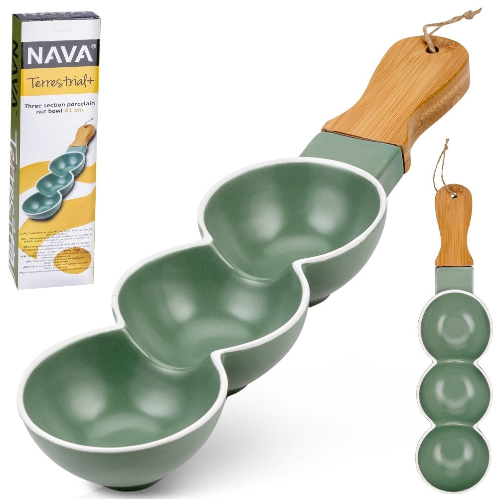 Elegant plate with handle, three sections, green porcelain