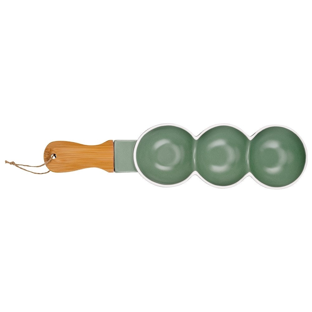 Elegant plate with handle, three sections, green porcelain