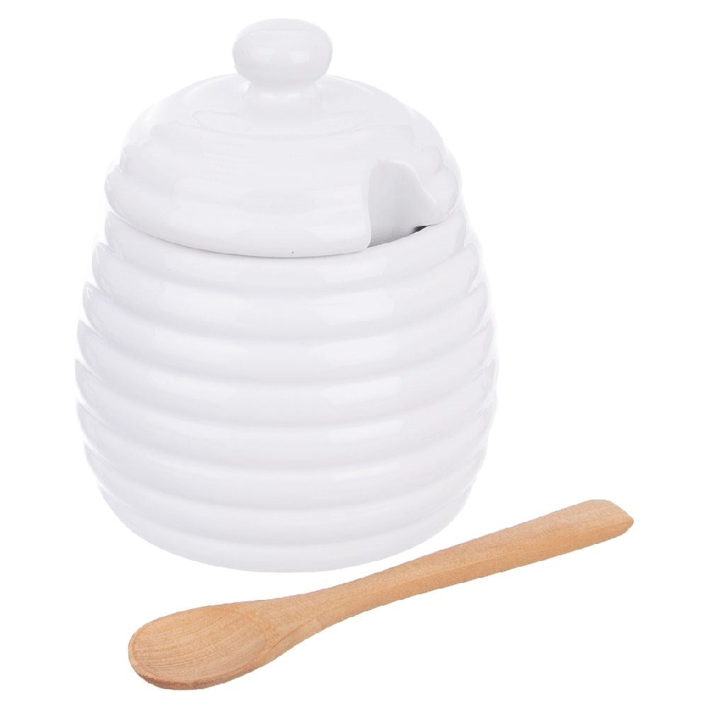 Elegant porcelain container for honey with lid and spoon