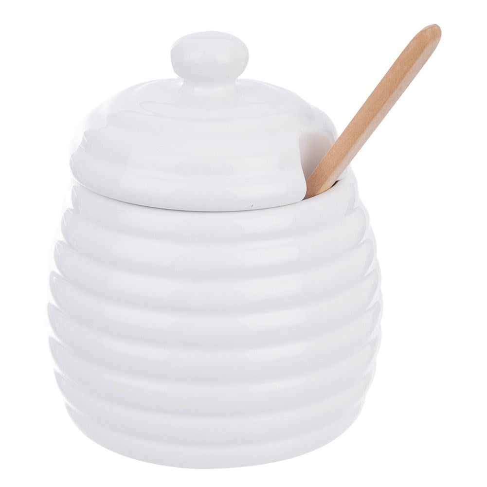 Elegant porcelain container for honey with lid and spoon