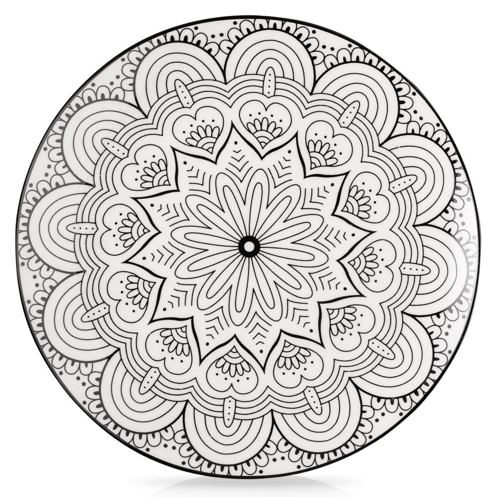 Elegant porcelain dessert plate with black mandala pattern