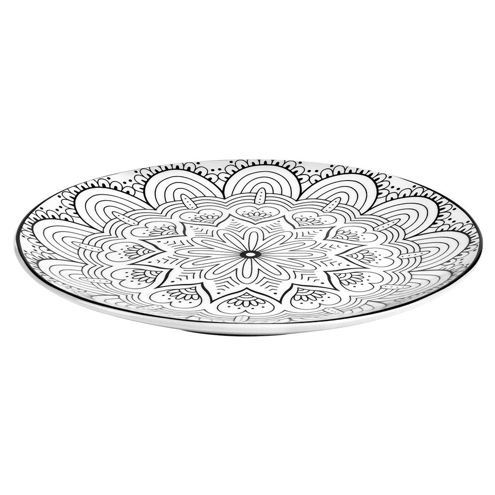 Elegant porcelain dessert plate with black mandala pattern