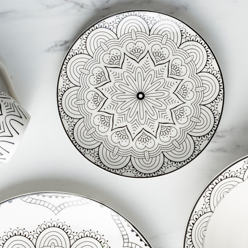 Elegant porcelain dessert plate with black mandala pattern