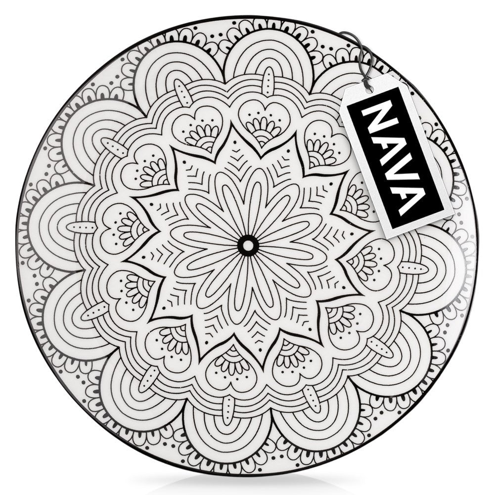 Elegant porcelain dessert plate with black mandala pattern
