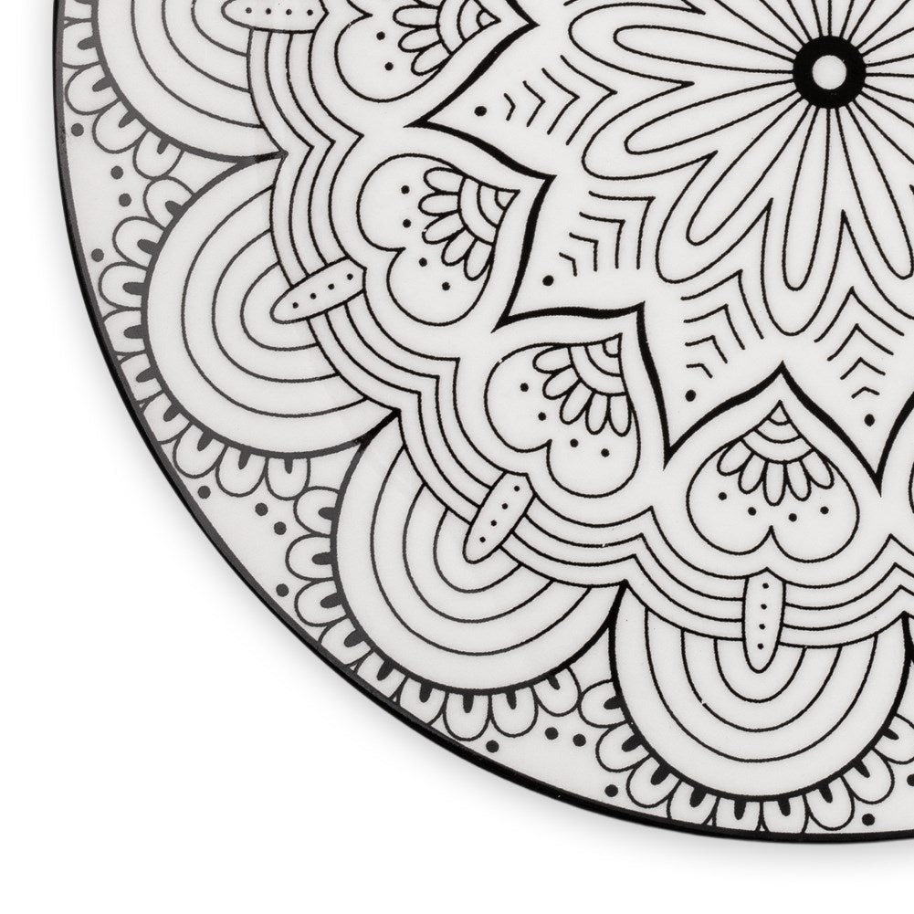 Elegant porcelain dessert plate with black mandala pattern