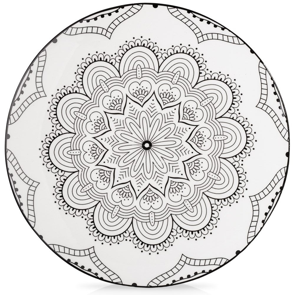 Elegant porcelain dinner plate with black mandala pattern