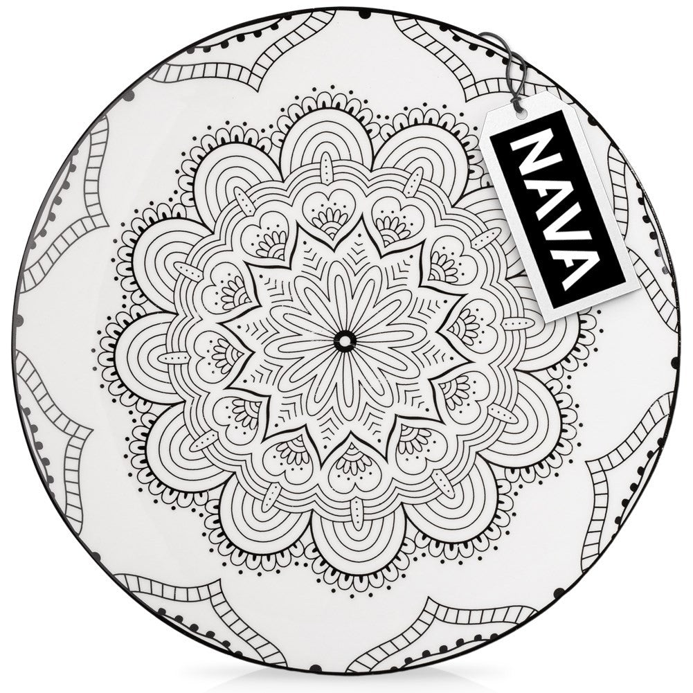 Elegant porcelain dinner plate with black mandala pattern