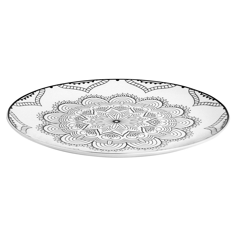 Elegant porcelain dinner plate with black mandala pattern