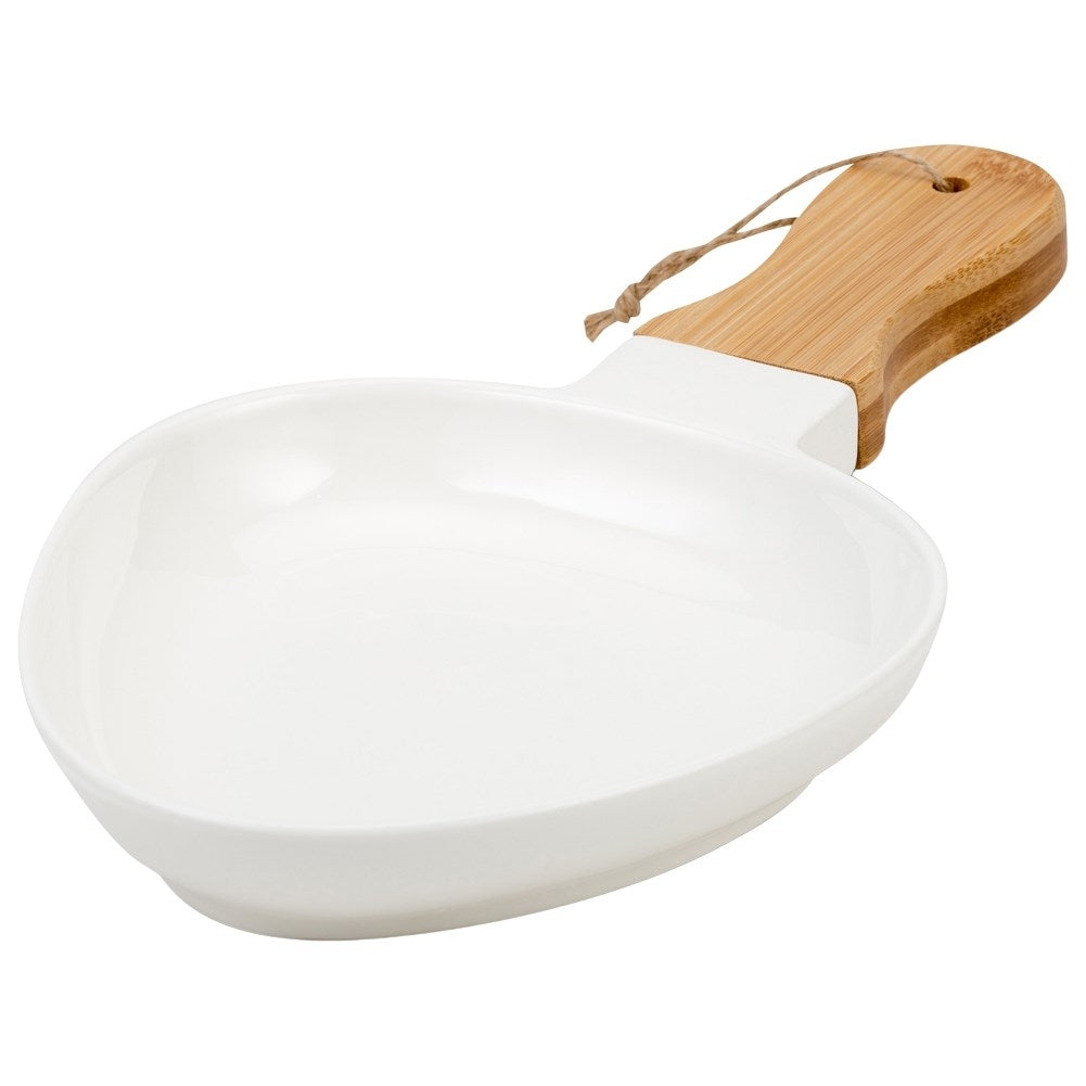Elegant porcelain serving dish with bamboo handle